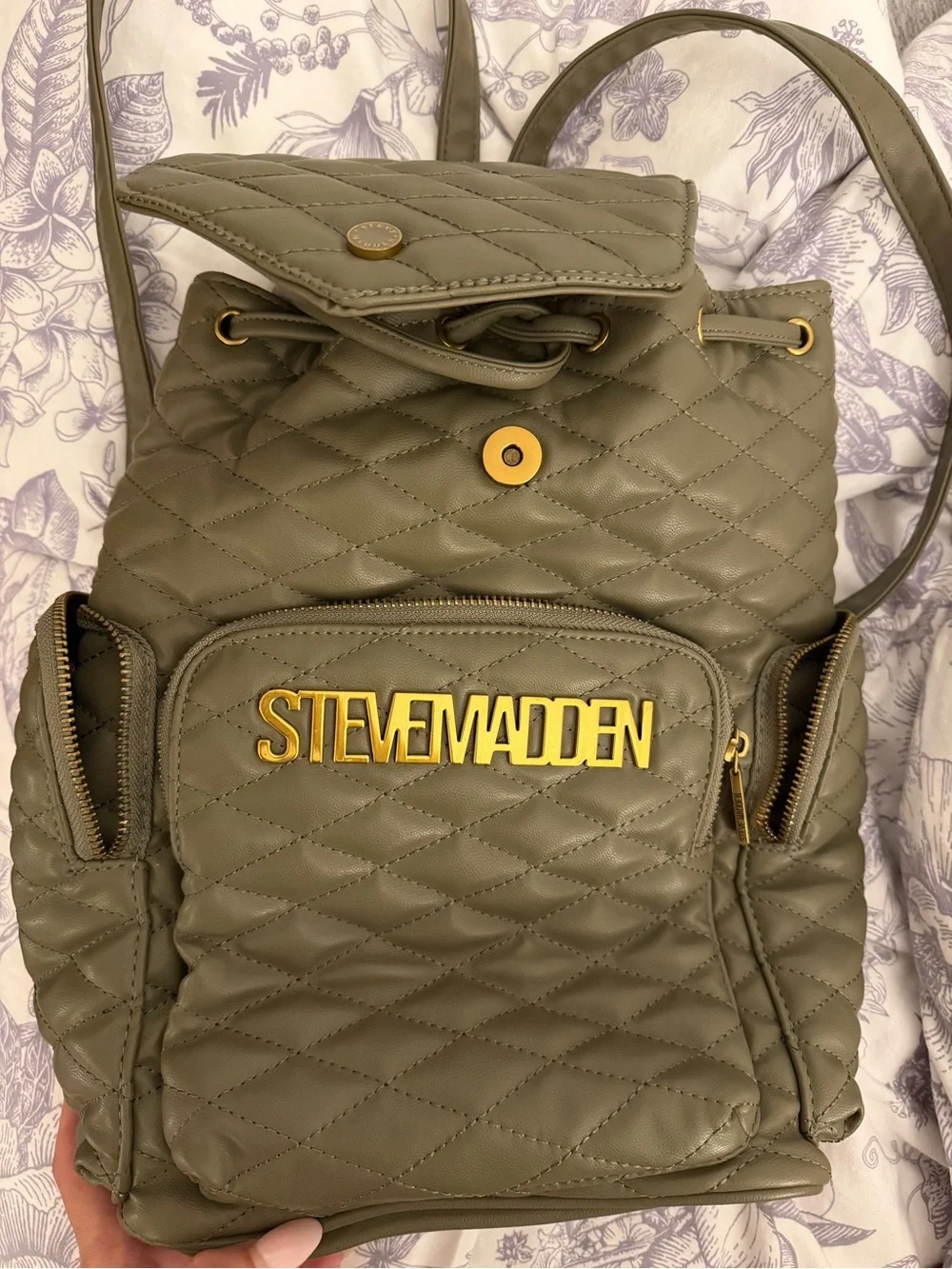 Steve Madden Quilted Olive Backpack with Gold Hardware